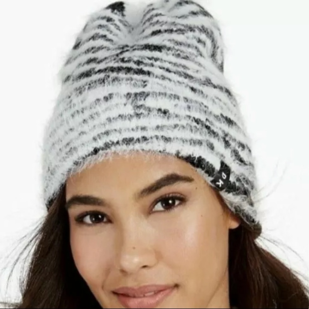 DKNY Black White Monochrome Zebra Animal Spots Fuzzy Warm Beanie NEW